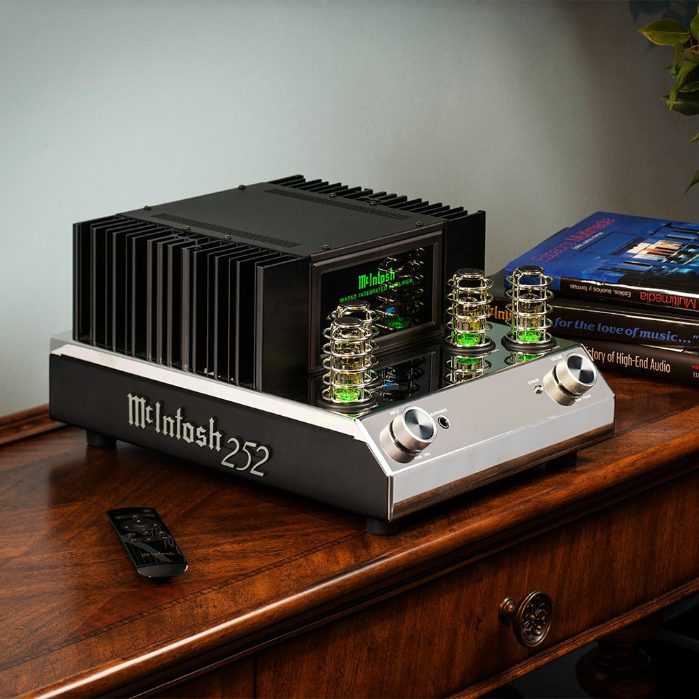 McIntosh MA252 - 100W Integrated Amplifier front angle on table shelf display
