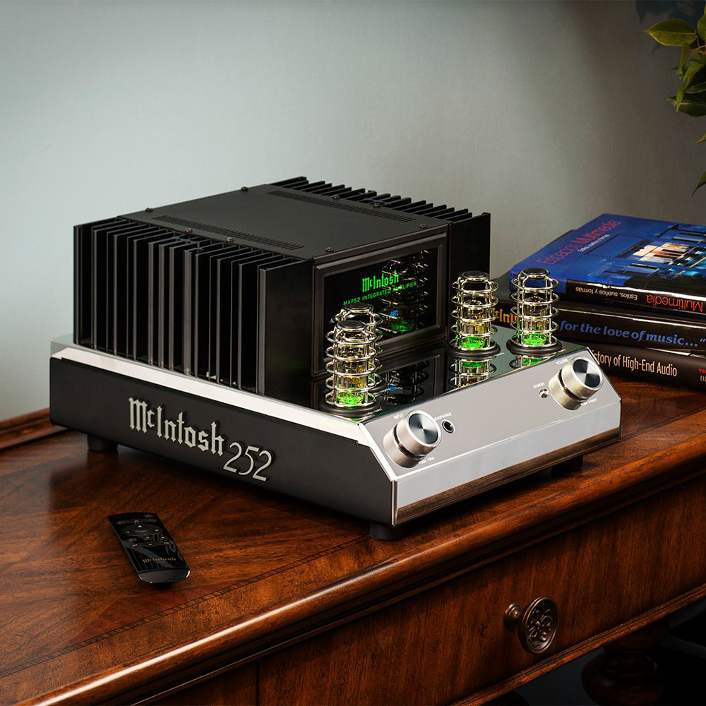 McIntosh MA252 - 100W Integrated Amplifier  front angle on table shelf display